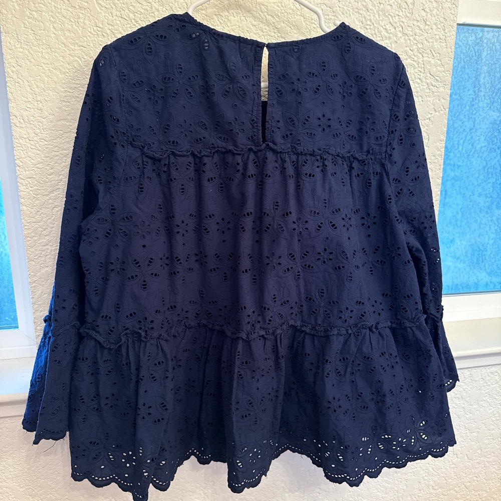 Navy Blue 100% Cotton Eyelet Blouse by Crown & Ivory-Boho Flutter Sleeve XXL - Picture 13 of 17